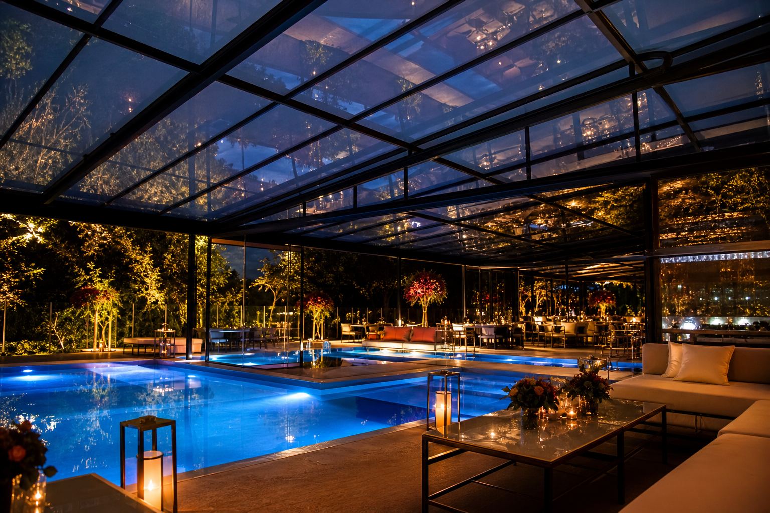 Cenografia aquática: como iluminar a piscina por baixo da cobertura de vidro