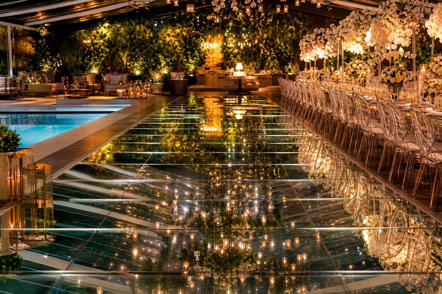 Piso espelhado sobre a piscina: luxo e amplitude visual para o seu evento