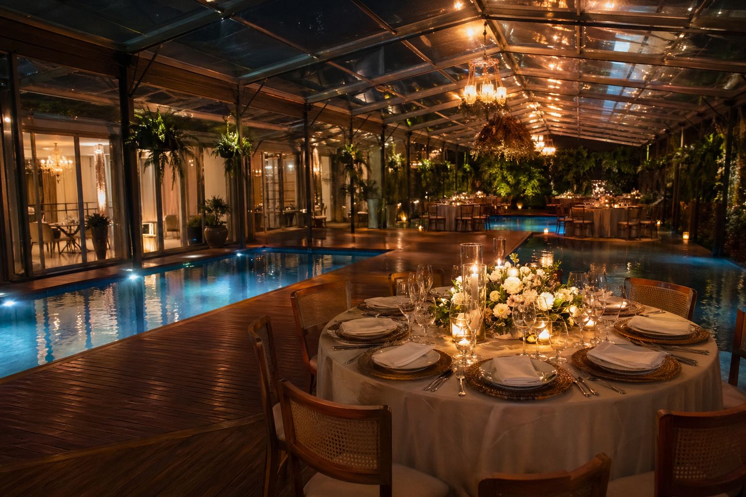 Bodas de Prata e Ouro: jantar intimista sobre a piscina iluminada